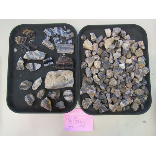 1307 - Two tubs containing blue john in rough form. Approx weights including tubs- 8.7kg and 14.5kg.