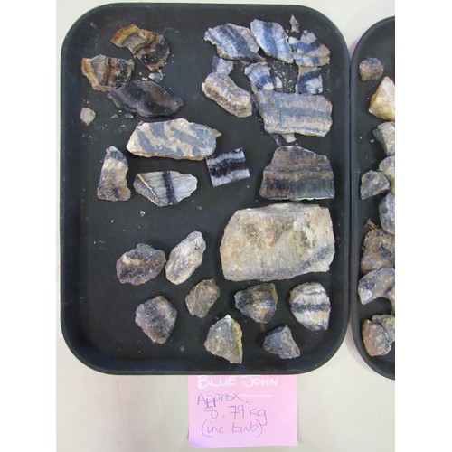 1307 - Two tubs containing blue john in rough form. Approx weights including tubs- 8.7kg and 14.5kg.