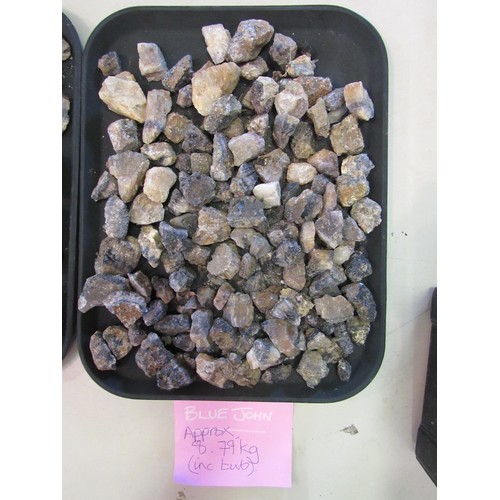 1307 - Two tubs containing blue john in rough form. Approx weights including tubs- 8.7kg and 14.5kg.