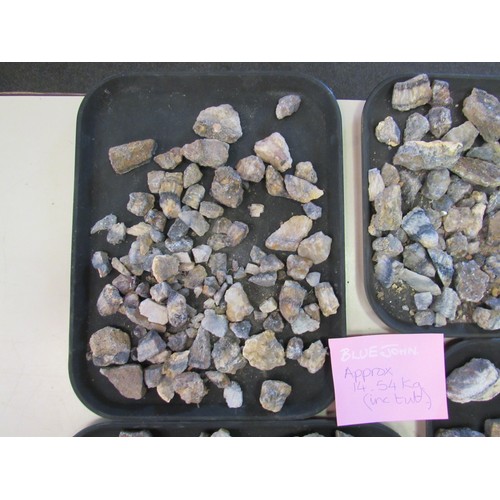 1307 - Two tubs containing blue john in rough form. Approx weights including tubs- 8.7kg and 14.5kg.