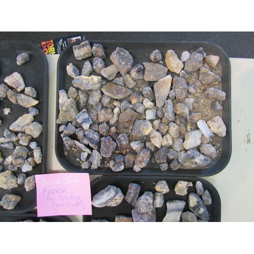 1307 - Two tubs containing blue john in rough form. Approx weights including tubs- 8.7kg and 14.5kg.