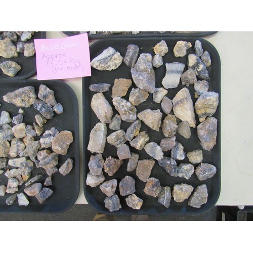 1307 - Two tubs containing blue john in rough form. Approx weights including tubs- 8.7kg and 14.5kg.