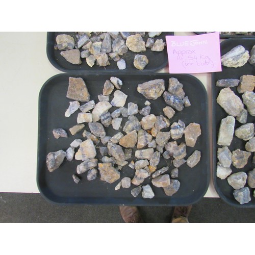 1307 - Two tubs containing blue john in rough form. Approx weights including tubs- 8.7kg and 14.5kg.