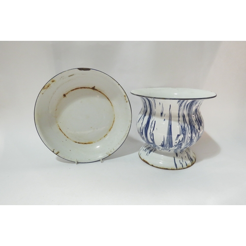 4211 - A marbled enamelled jardiniere and dish together with a tin jug bearing punched decoration (3) (R) £... 