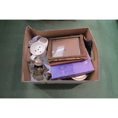 4247 - Two boxes of mixed to include biscuit barrels, brass gong and metalwares etc.