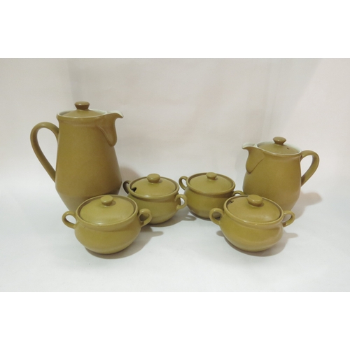 4258 - Four Denby soup bowls (one lid a/f) with matching teapot and coffee pot