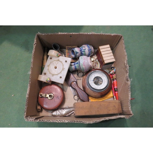 4259 - A box of vintage oddities including meat skewers, miniature telescope, barometer etc.