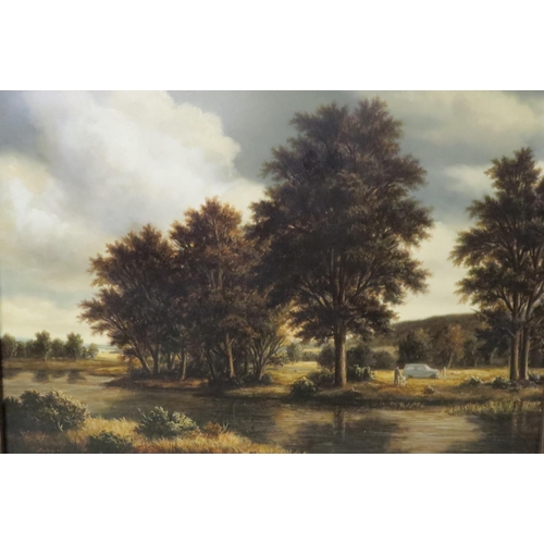 4194 - TOM LOCKER (American 1937-2012): An oil on board of river scene with trees and figures by vehicle, A... 