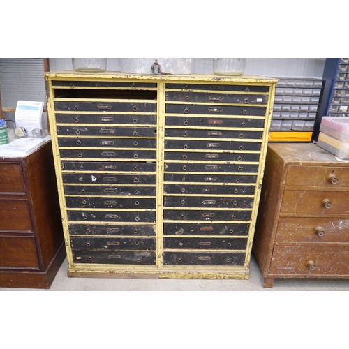 2093 - A 19th Century painted bank of pine drawers one drawer missing for restoration 112w x 120t x 42cm de... 