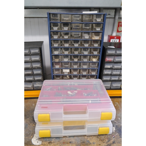 2096 - A workshop multi-drawer unit with contents including nails, etc and two further plastic carry case s... 