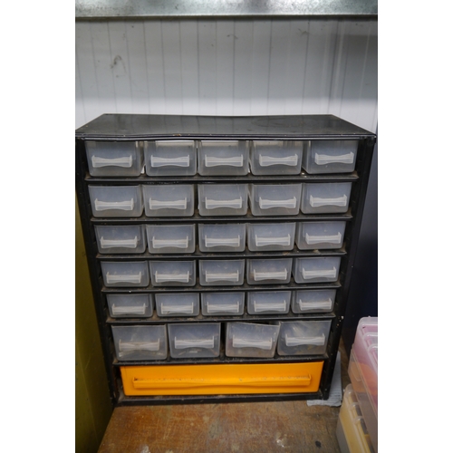 2097 - Two multi-drawer workshop units with contents, drill bits, etc