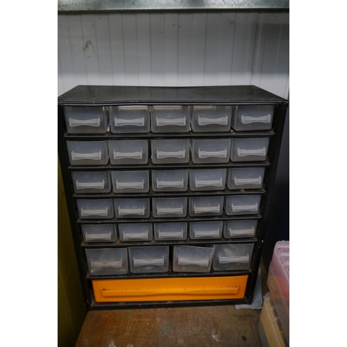 2097 - Two multi-drawer workshop units with contents, drill bits, etc