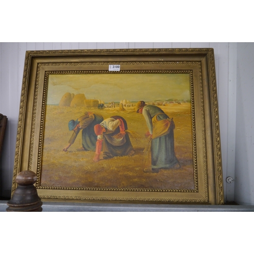 2100 - A gilt framed oil on canvas, hay workers