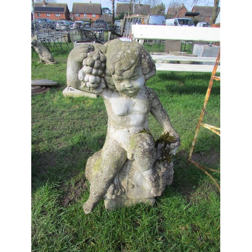 5224 - A weathered composition water outlet of cherub sitting on a jug holding grapes, 29