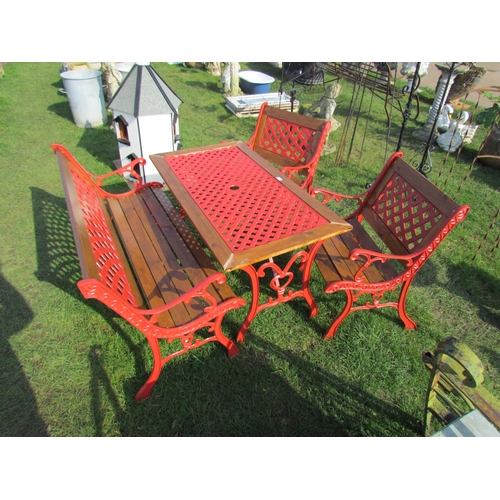 5388 - A cast iron and wooden garden set of table, bench and two chairs  (E)  £50-80