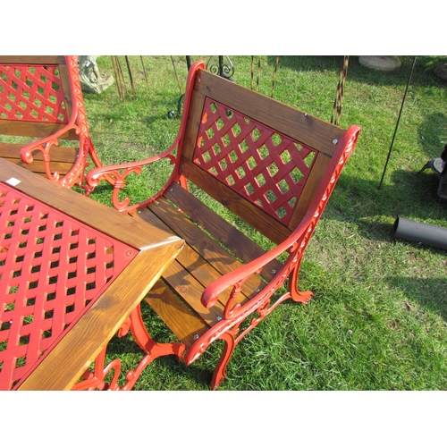 5388 - A cast iron and wooden garden set of table, bench and two chairs  (E)  £50-80