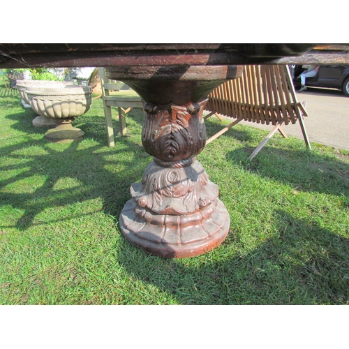 5450 - A large ships wheel garden table with glass top on a shaped glazed stoneware base  (R)  £350