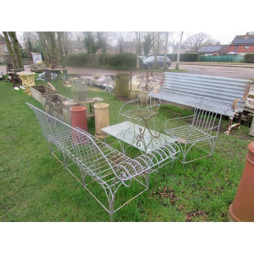 5074 - Two wirework chairs, bench and glass top low table  (R)  £180