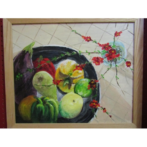 1229 - CYNTHIA MAY (local artist): Oil on board, still life with Japonica and fruit, signed lower right, fr... 