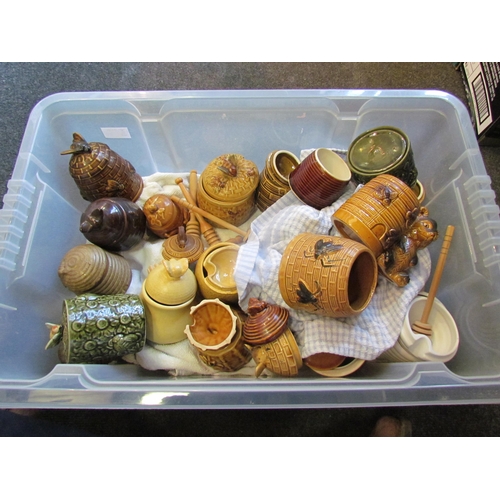 1206 - WITHDRAWN - A box containing a quantity of honey pots including pottery and ceramic examples, some a... 