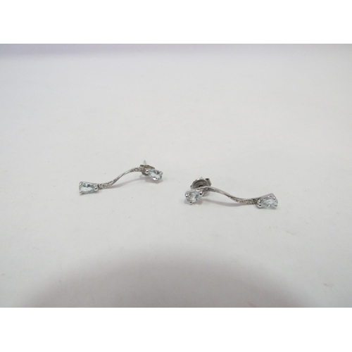 1344 - A pair of 9ct white gold drop earrings, aquamarine and diamond chips