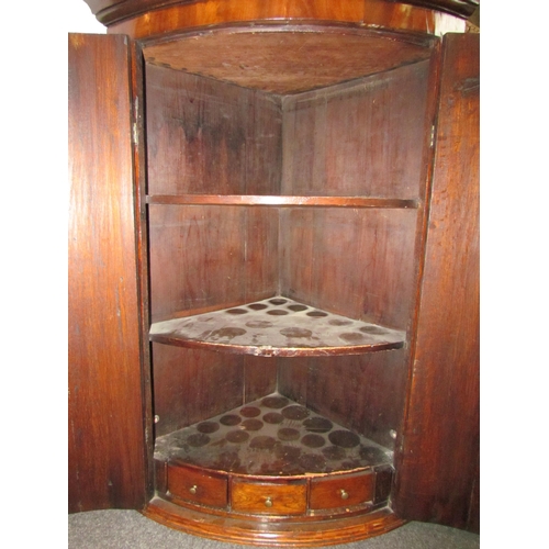 1019 - An oak and mahogany veneered wall mounted corner cupboard.  Two doors opening to reveal two shelves ... 