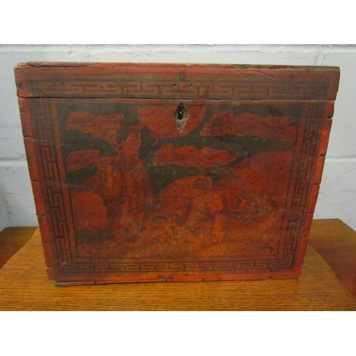 1063 - An Oriental red and black storage box decorated with figural scene (a/f), together with a pipe stand... 