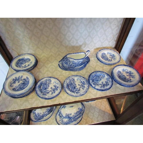 1092 - A quantity of blue and white ceramics including a child's part dinner service, tureens, platters, ju... 