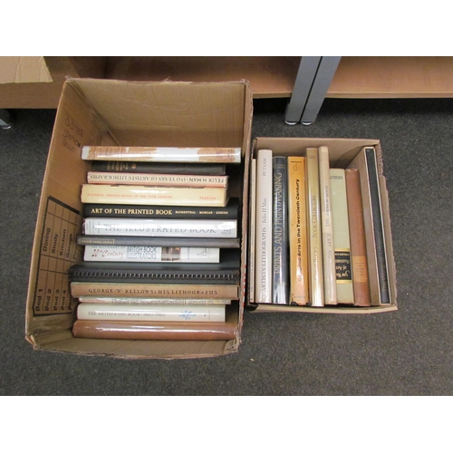 1145 - Two boxes of mixed books mostly about illustrations, lithographs etc.