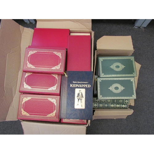 1150 - Two boxes of books to include Charles Dickens and Dennis Wheatley novels, all in hard back leather b... 