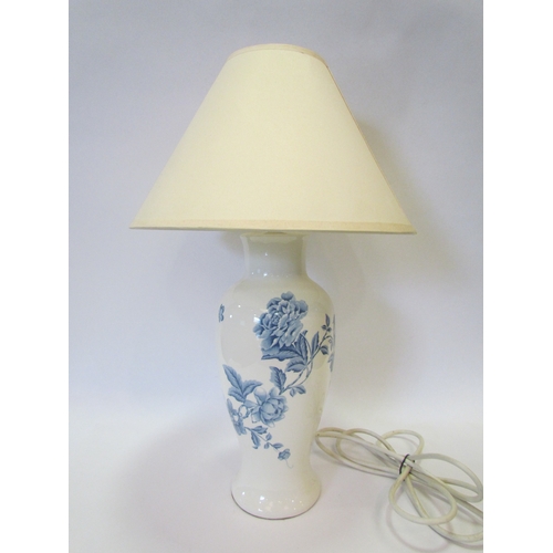 1177 - A cream and blue slender vase from table lamp, exotic bird form pattern, cream shade