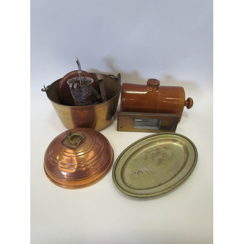 1182 - A collection of metal wares and bygone items to include brass jam pan, Wafax copper warmer, leather ... 