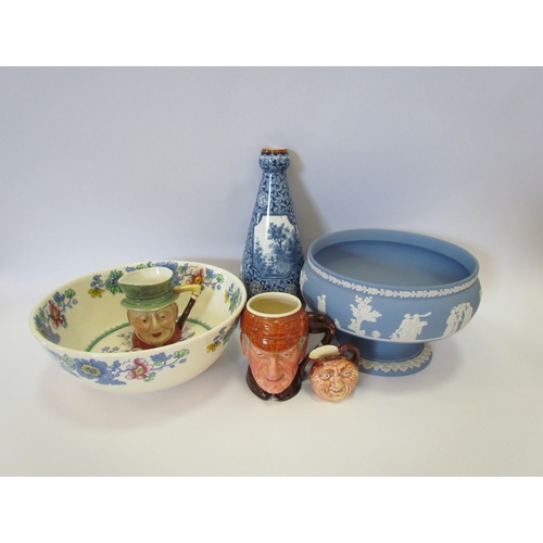 1183 - A Wedgwood Jasperware bowl, Mason's Ironstone bowl, three character jugs and a German blue and white... 