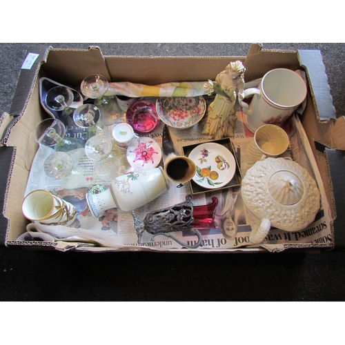 1205 - A box of miscellaneous ceramics and glassware to include Worcester brush pot, Belleek teapot a/f, pa... 