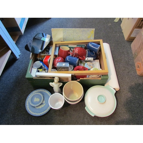 1216 - A box of miscellaneous ceramics including Lladro, Poole, Denby Ware, set of scales, etc