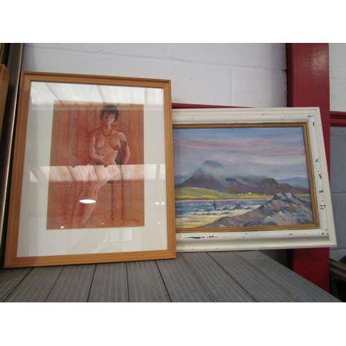 1219 - WITHDRAWN - PETER SOLLY: Two paintings, a pastel of seated nude lady, signed lower right, framed and... 