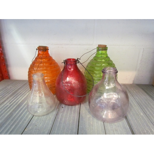 1221 - Three various coloured glass fly traps and two clear glass vintage examples (5)