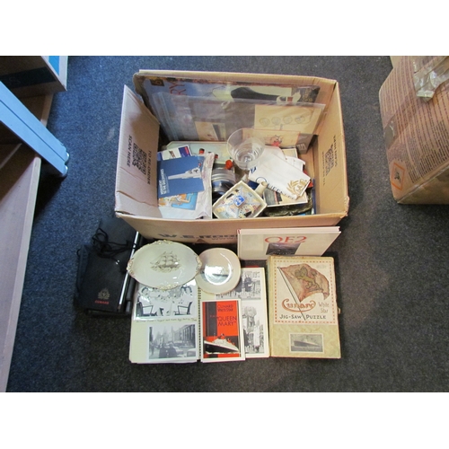 1222 - A box of Cunard memorabilia mainly relating to the Queen Mary, scrapbook, programme from the 1950's,... 