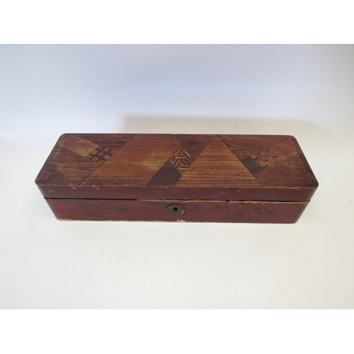 1292 - A Japanese marquetry glove box with three pairs of spectacles and curios