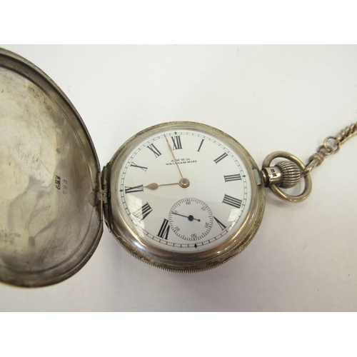 1333 - A Waltham silver pocket watch, Roman numerated chapter ring, later chain, chrome example minus hands... 