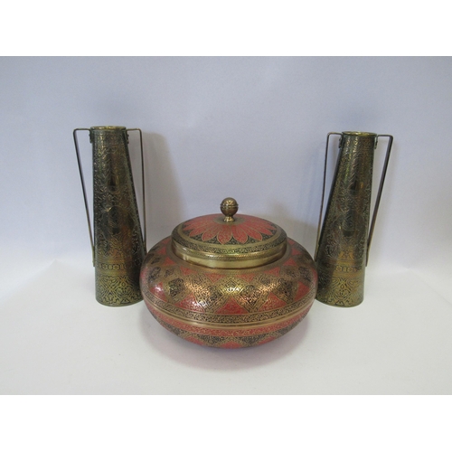 1242 - An Eastern rose bowl with lid and a pair of brass twin handled vases (3)