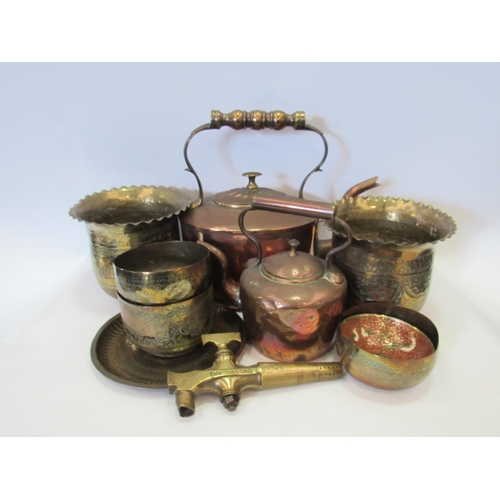 1246 - A quantity of metalwares including copper kettles, Eastern brass bowls, a pair of jardinières, etc.