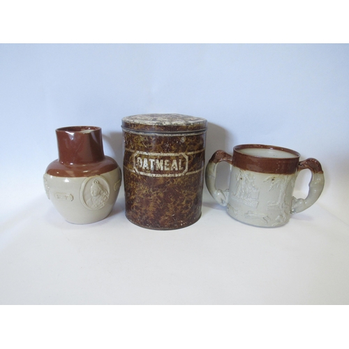 1249 - A harvest ware tyg with dog form handles, stoneware jug and an Oatmeal tin (3)