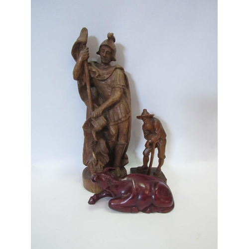 1267 - Three carved wooden figures including elderly gent with walking stick and a water buffalo (3)