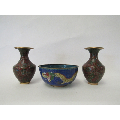 1409 - A small cloisonne bowl with dragon design and a pair of miniature cloisonne vases, a/f