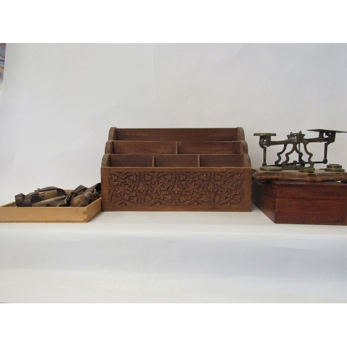 1421 - An Eastern carved letter rack, a set of postal scales, a box with brass leaf inlay and a collection ... 