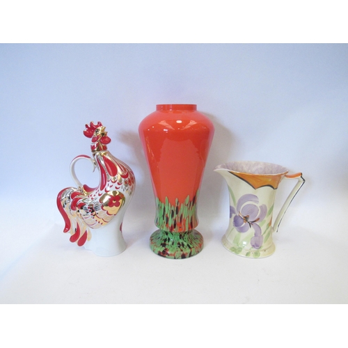 1454 - An Art glass orange vase, cockerel teapot and an Art Deco jug (3)