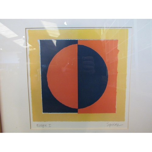 1467 - Two modern abstract art prints - Roy Speltz “Eclipse I”, 30cm x 30cm image size, and Amaina “Sunset”... 