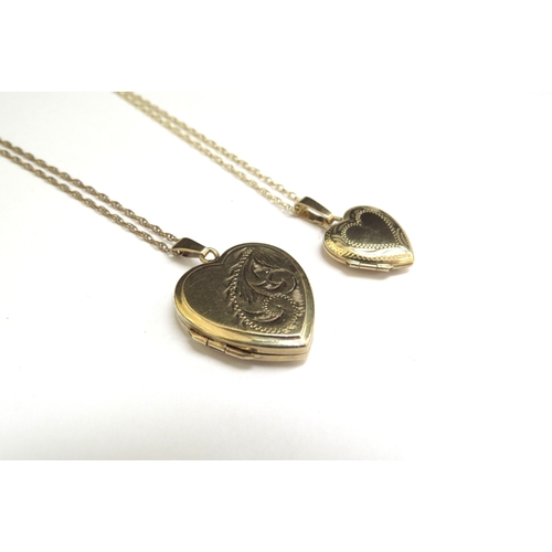 7092 - Two 9ct gold heart shaped lockets hung on chains one marked 9k, 6g total