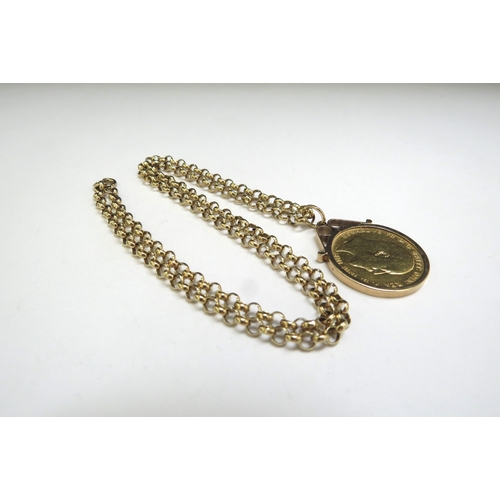 7420 - A 1902 gold sovereign in pendant mount hung on a 9ct gold belcher chain, 46cm long, 18.8g